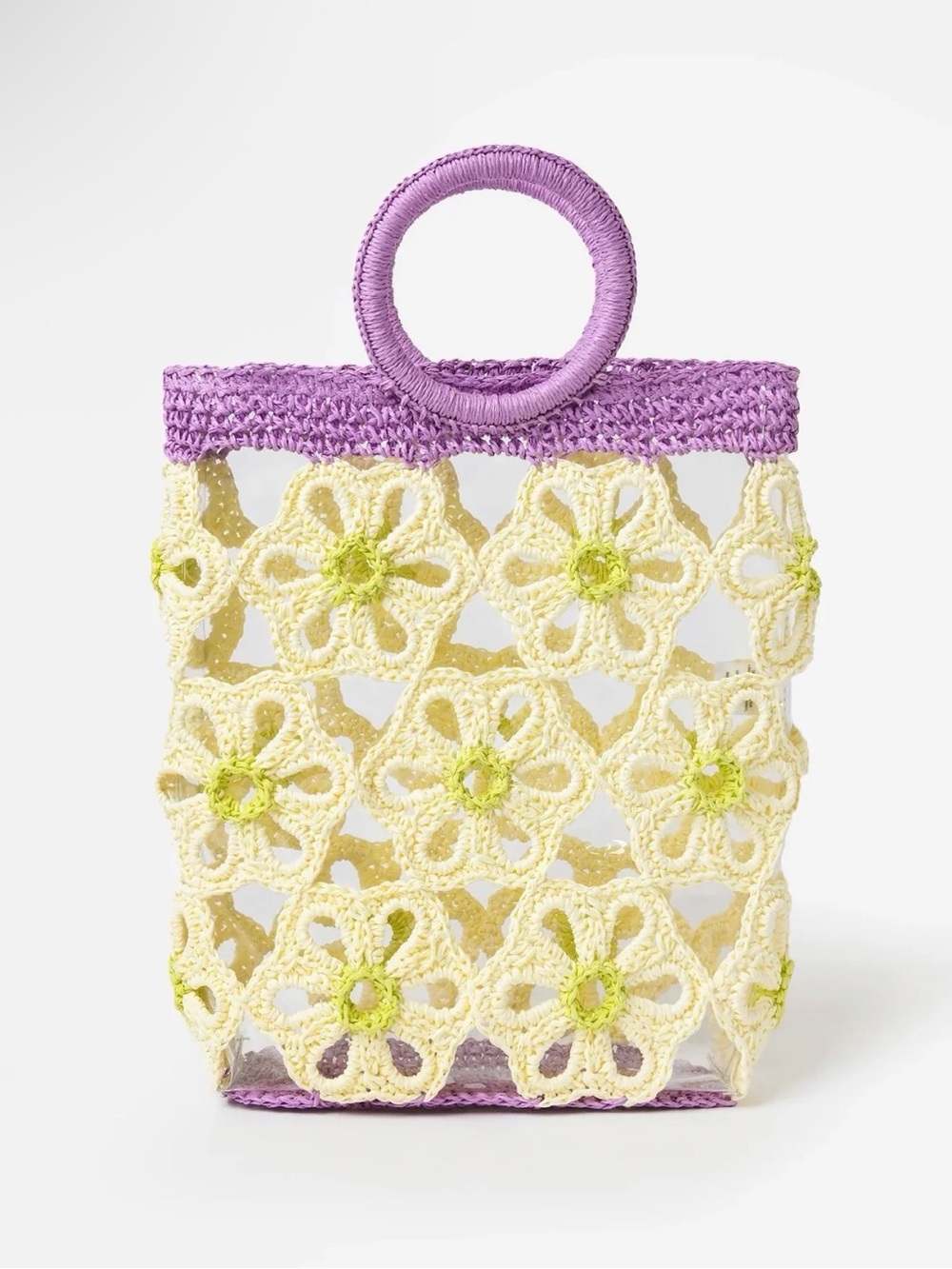 Lele Sadoughi Marigold Crochet Mini Tote Lavender,Cream & Lime Floral PVC Clear